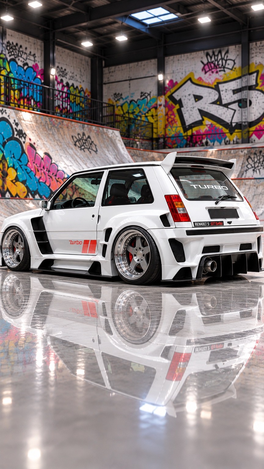 Renault 5 GT Turbo blanco con widebody PHASE 9 diseñado por BODYKIT.IA, vista tres cuartos trasera en skatepark interior