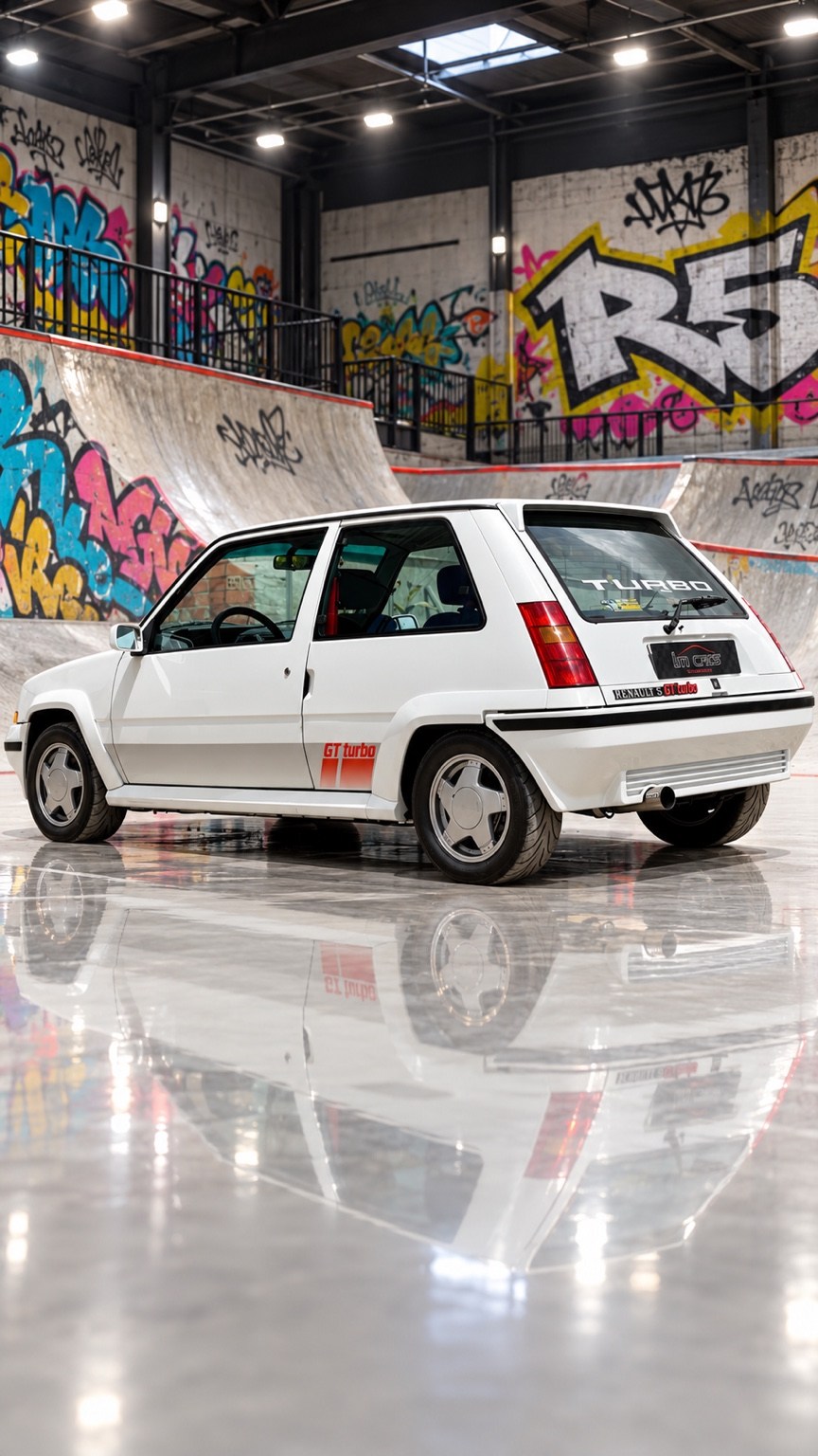 Renault 5 GT Turbo de serie blanco, fotografiado en un skatepark interior